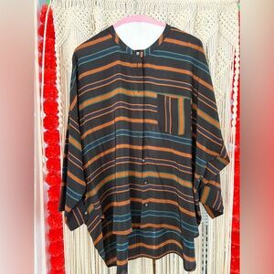 Striped Button-Up Shirt in Navy, Orange, and Green